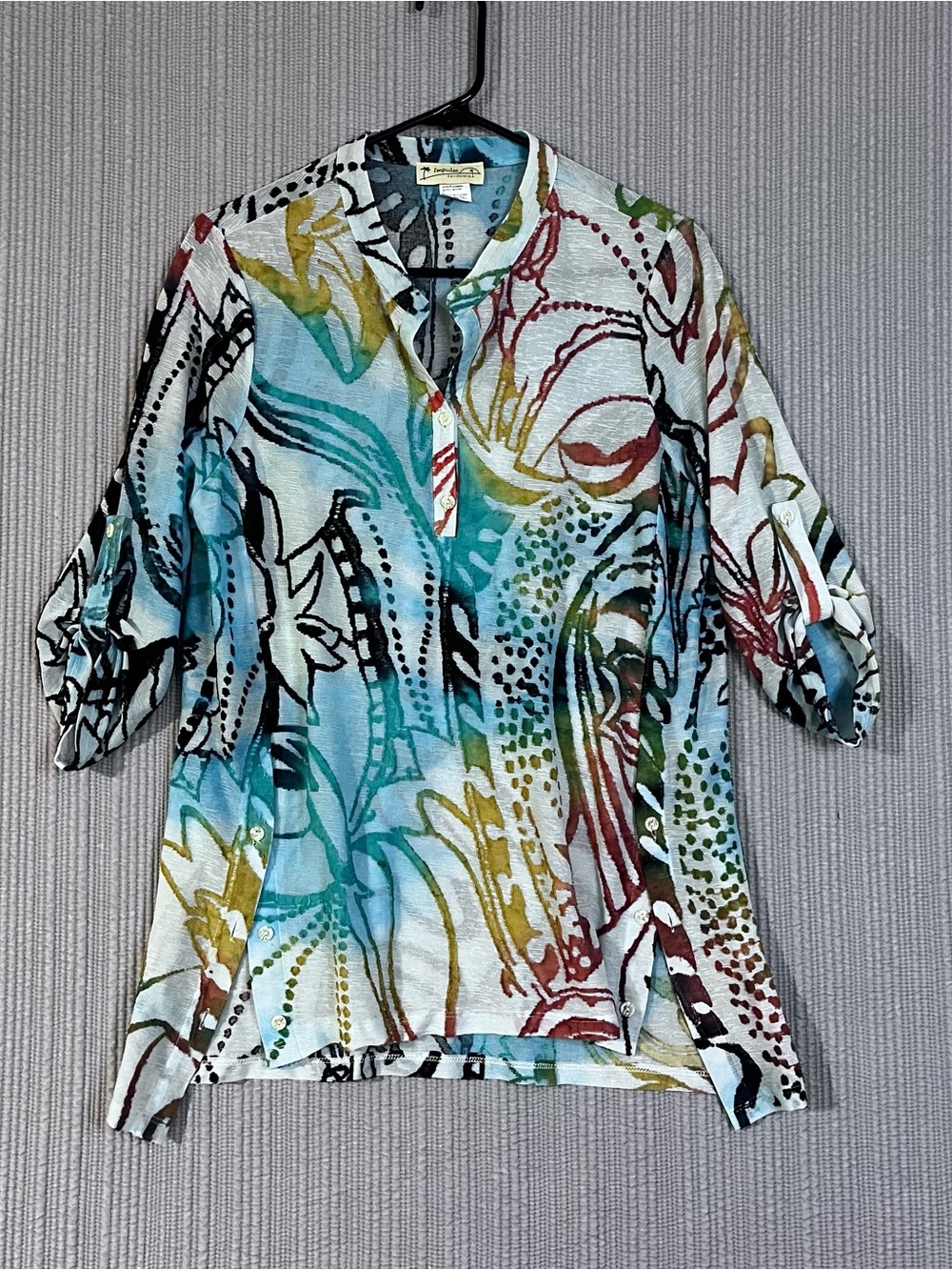 Impulse California Tunic Top Artsy Abstract 3/4 Rolltab Sleeves Womens M